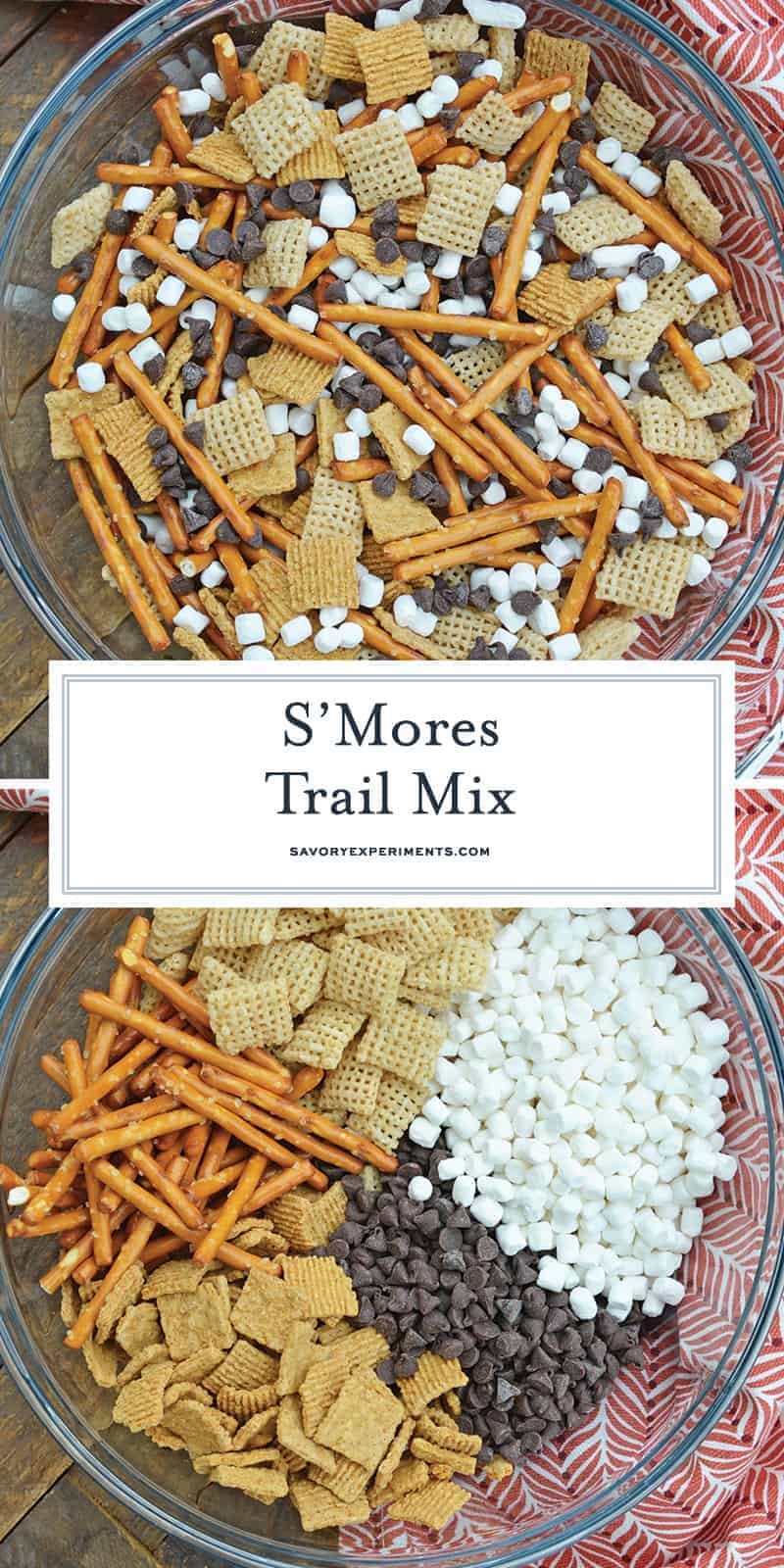 S'mores Trail Mix uses just 5 ingredient to make a sweet, salty and crunchy snack that is perfect for on-the-go and anytime of day! #trailmixrecipes #smoresrecipes www.savoryexperiments.com