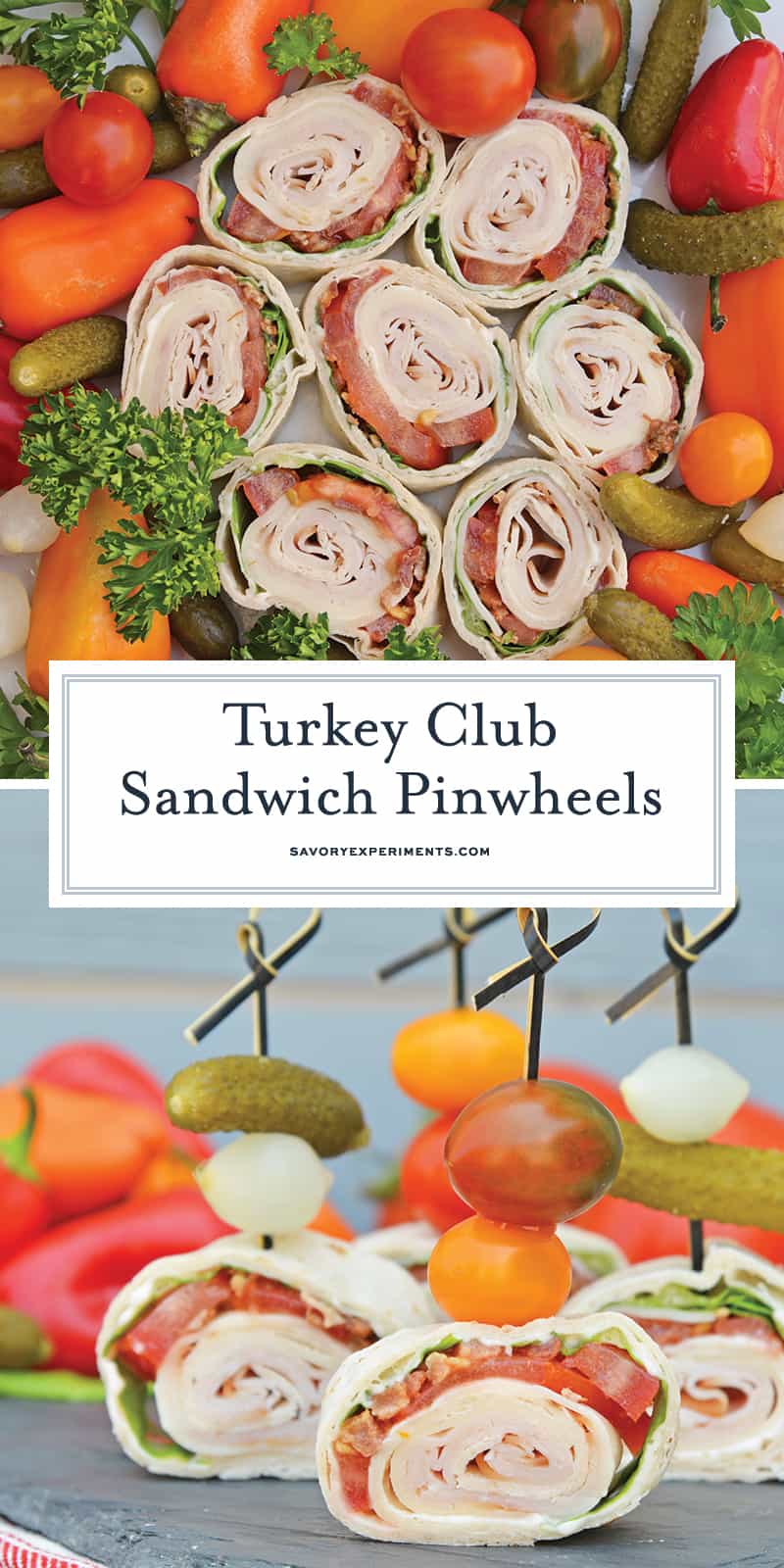 Turkey Club Sandwich Pinwheels use the traditional club sandwich ingredients, but wrap them in a tortilla. Easy to make, eat and clean up! #clubsandwichrecipe #turkeyclub #howtomakepinwheels www.savoryexperiments.com