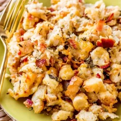 overhead shot of bacon beer cheese stuffing on plate