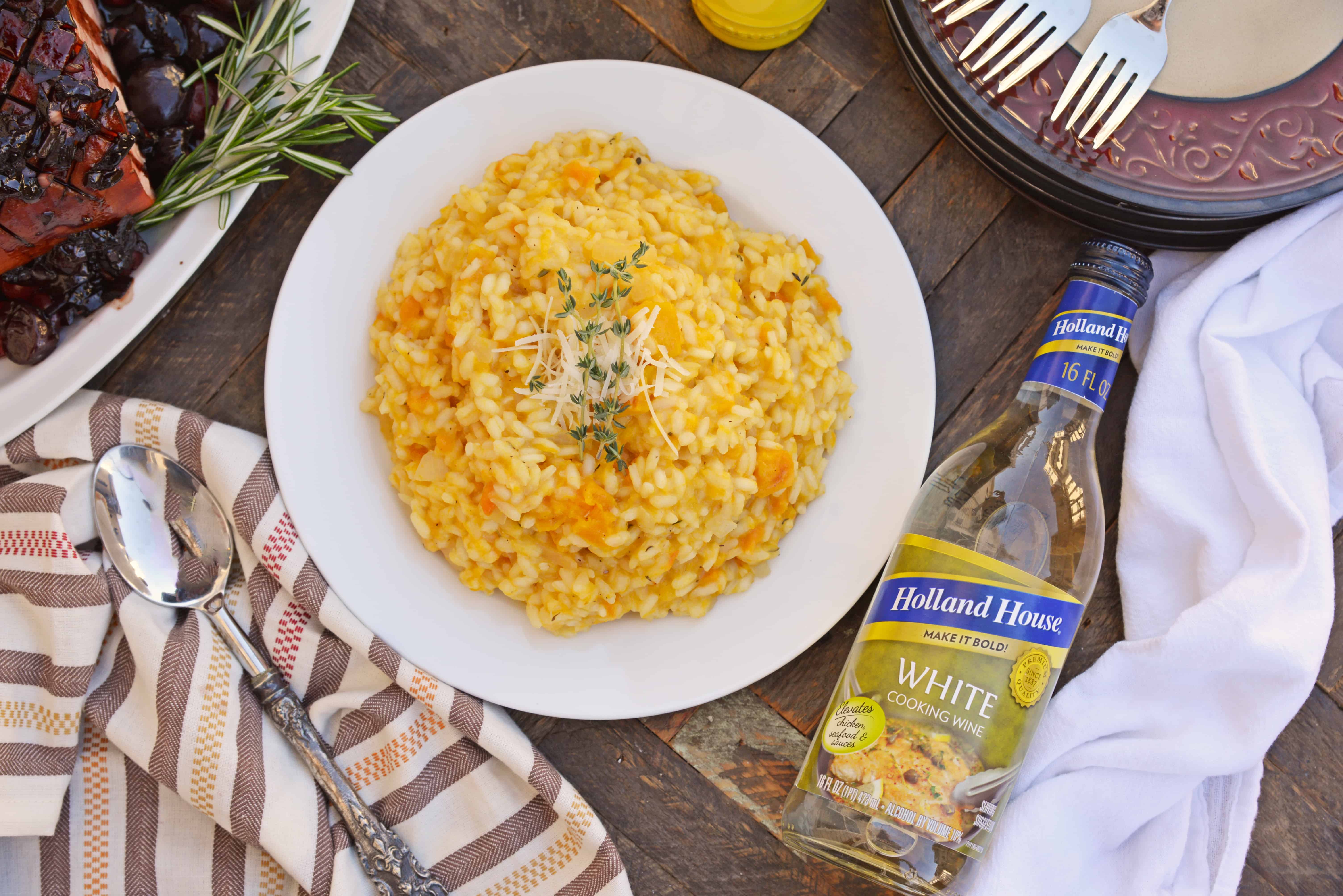 Butternut Squash Risotto is an easy side dish or entrée made with Arborio rice, crisp white cooking wine, sweet roasted butternut squash and fresh thyme. #risottorecipes #butternutsquash www.savoryexperiments.com 