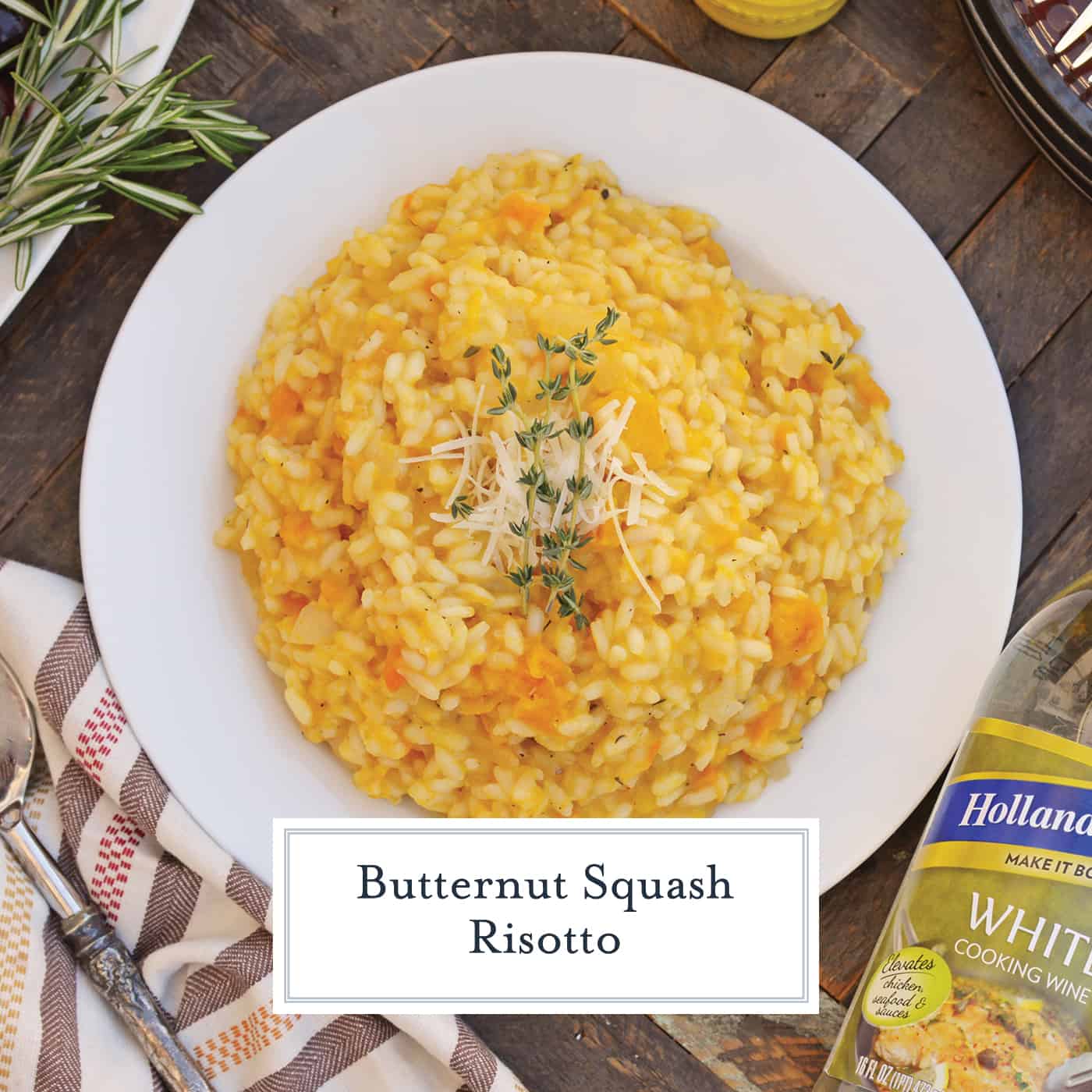 Butternut Squash Risotto is an easy side dish or entrée made with Arborio rice, crisp white cooking wine, sweet roasted butternut squash and fresh thyme. #risottorecipes #butternutsquash www.savoryexperiments.com 