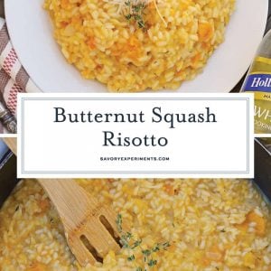 Butternut Squash Risotto is an easy side dish or entrée made with Arborio rice, crisp white cooking wine, sweet roasted butternut squash and fresh thyme. #risottorecipes #butternutsquash www.savoryexperiments.com