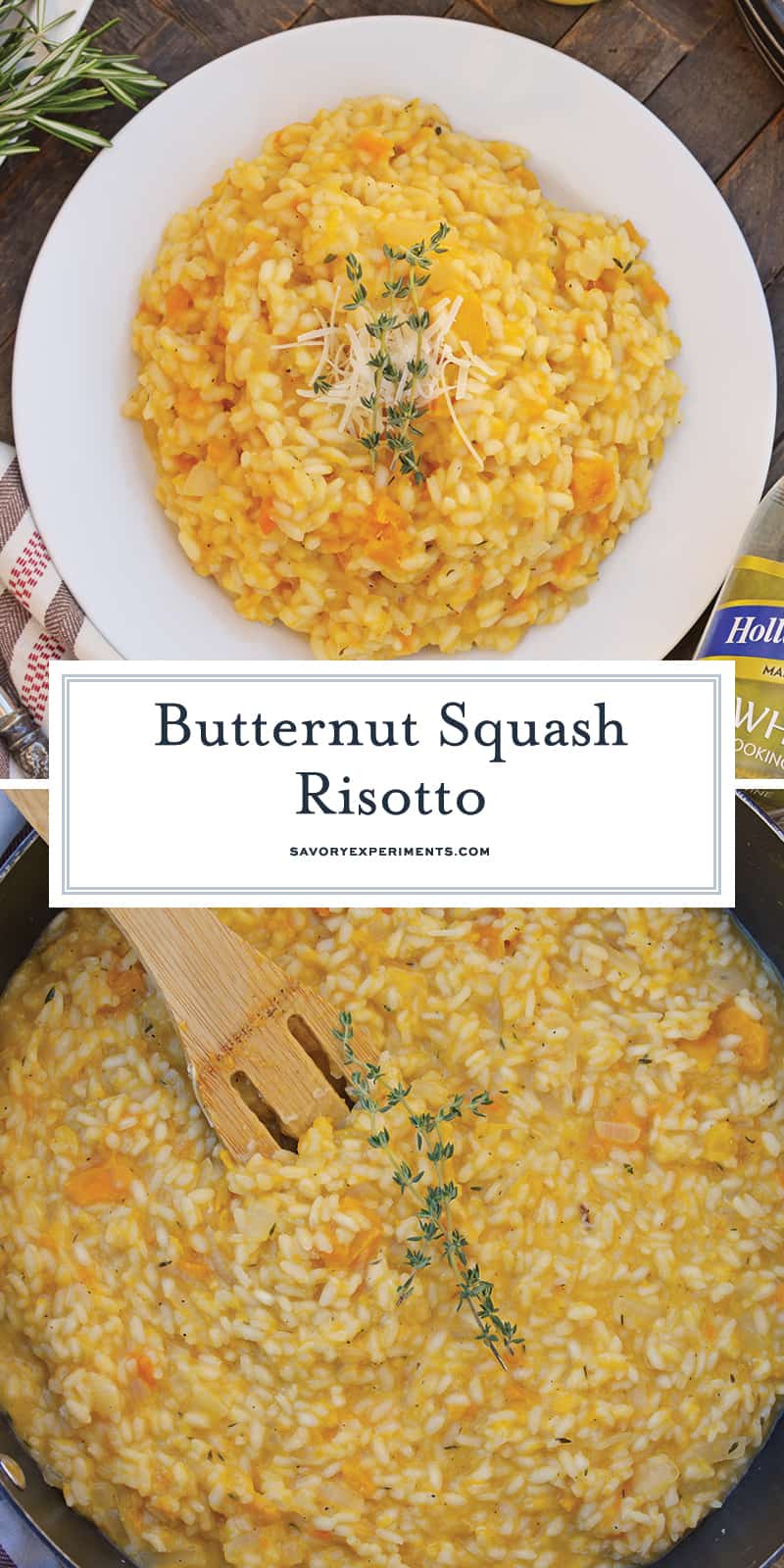 Butternut Squash Risotto is an easy side dish or entrée made with Arborio rice, crisp white cooking wine, sweet roasted butternut squash and fresh thyme. #risottorecipes #butternutsquash www.savoryexperiments.com 