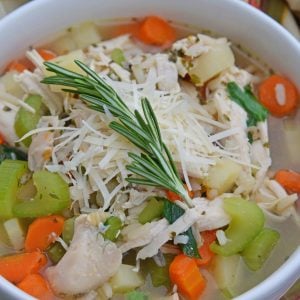 close up of chicken and rice soup
