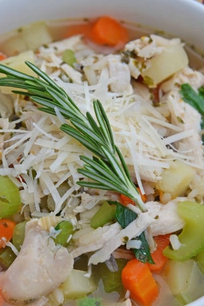 close up of chicken and rice soup