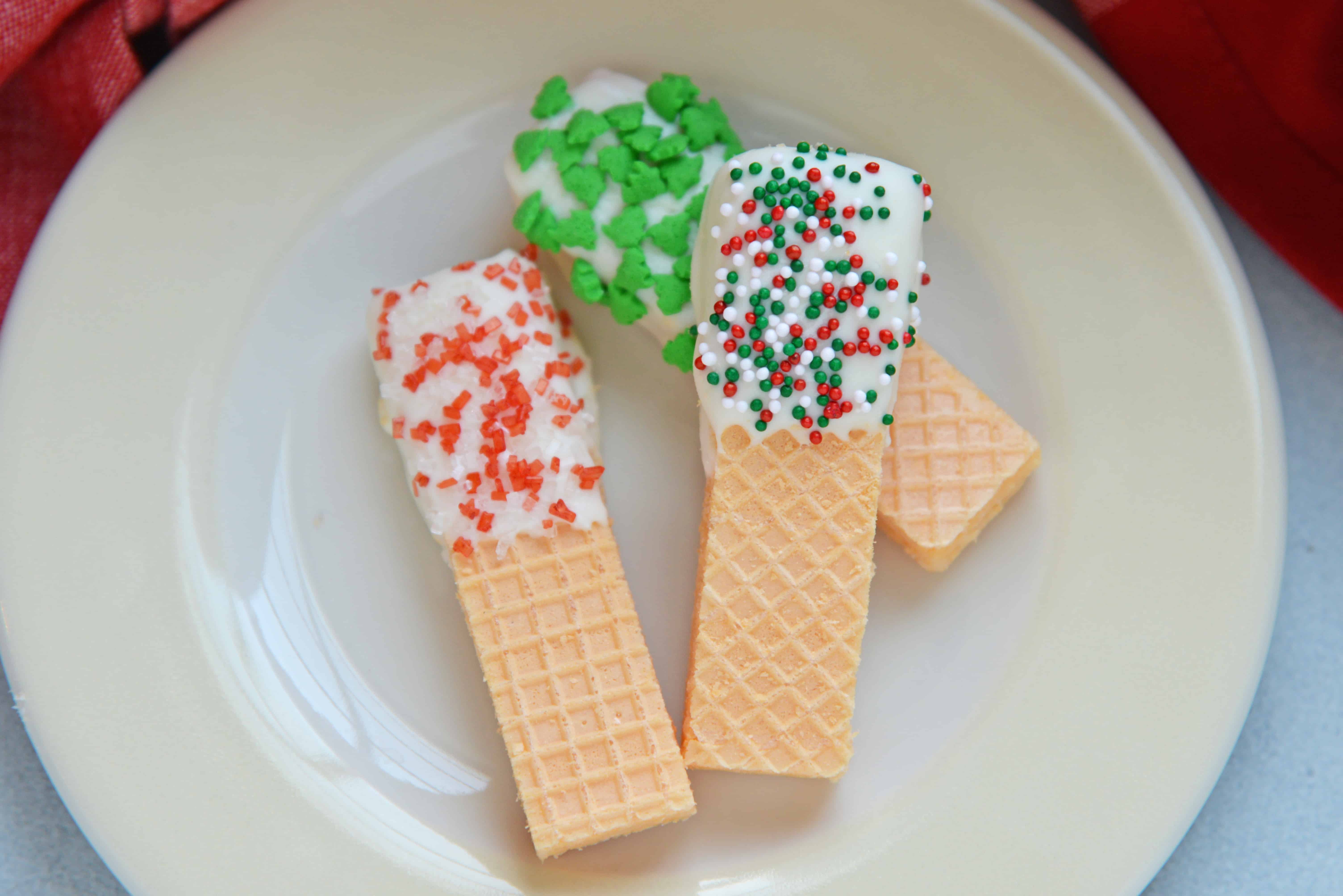 Chocolate Covered Sugar Wafers no bake cookies are quick, easy and festive Christmas cookies. Perfect for cookie trays and holiday parties. #nobakecookies #easychristmascookies #sugarwafercookies www.savoryexperiments.com