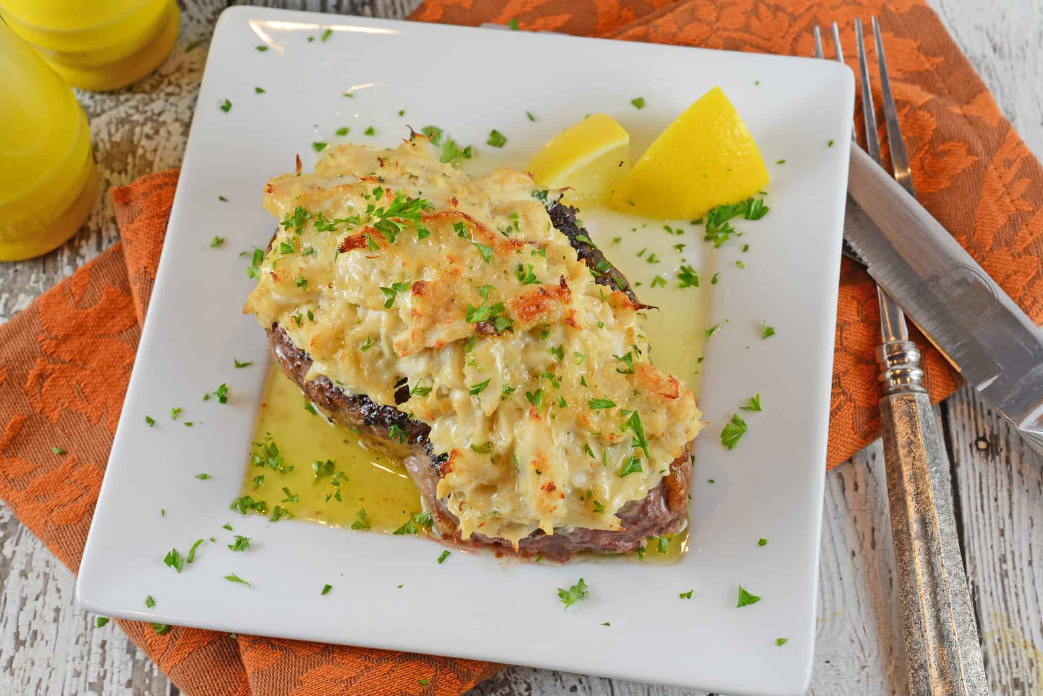 Crab Imperial Filet Mignon is an easy dish perfect for special occasions! Tender beef topped with buttery crab! A luscious crab recipe! #crabtoppingforsteak #crabimperialrecipe #filetmignon www.savoryexperiments.com