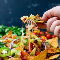 Leftover turkey recipes - turkey nacho with cheese pull