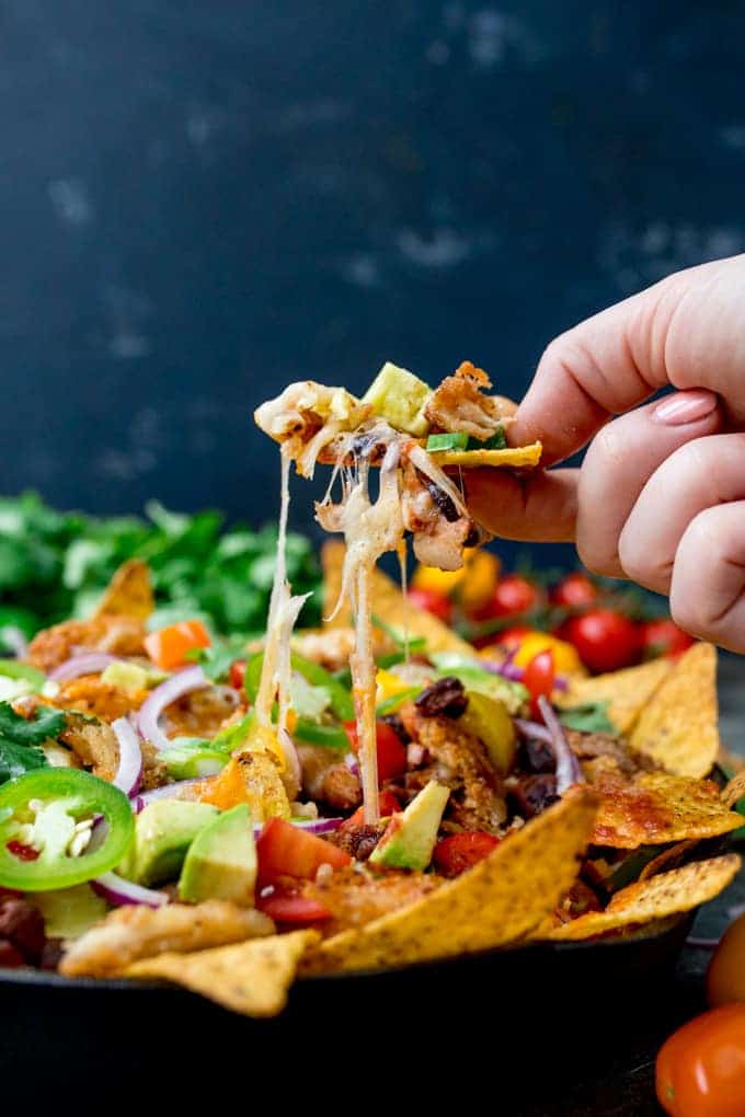 Leftover turkey recipes - turkey nacho with cheese pull