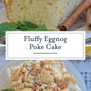 This Eggnog Poke Cake recipe is an easy pudding poke cake made with box cake mix and instant vanilla pudding, with delicious eggnog flavor. #pokecakerecipe #puddingpokecake #eggnogrecipes www.savoryexperiments.com