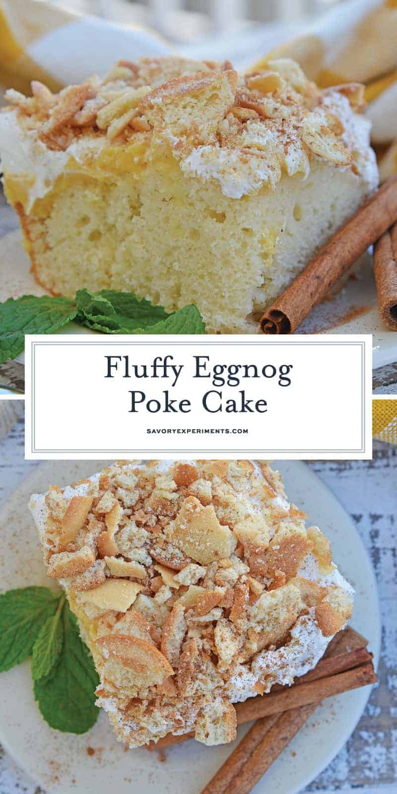 This Eggnog Poke Cake recipe is an easy pudding poke cake made with box cake mix and instant vanilla pudding, with delicious eggnog flavor. #pokecakerecipe #puddingpokecake #eggnogrecipes www.savoryexperiments.com