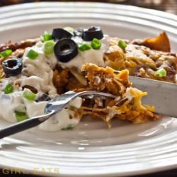 Turkey enchiladas on a white plate - leftover turkey recipes