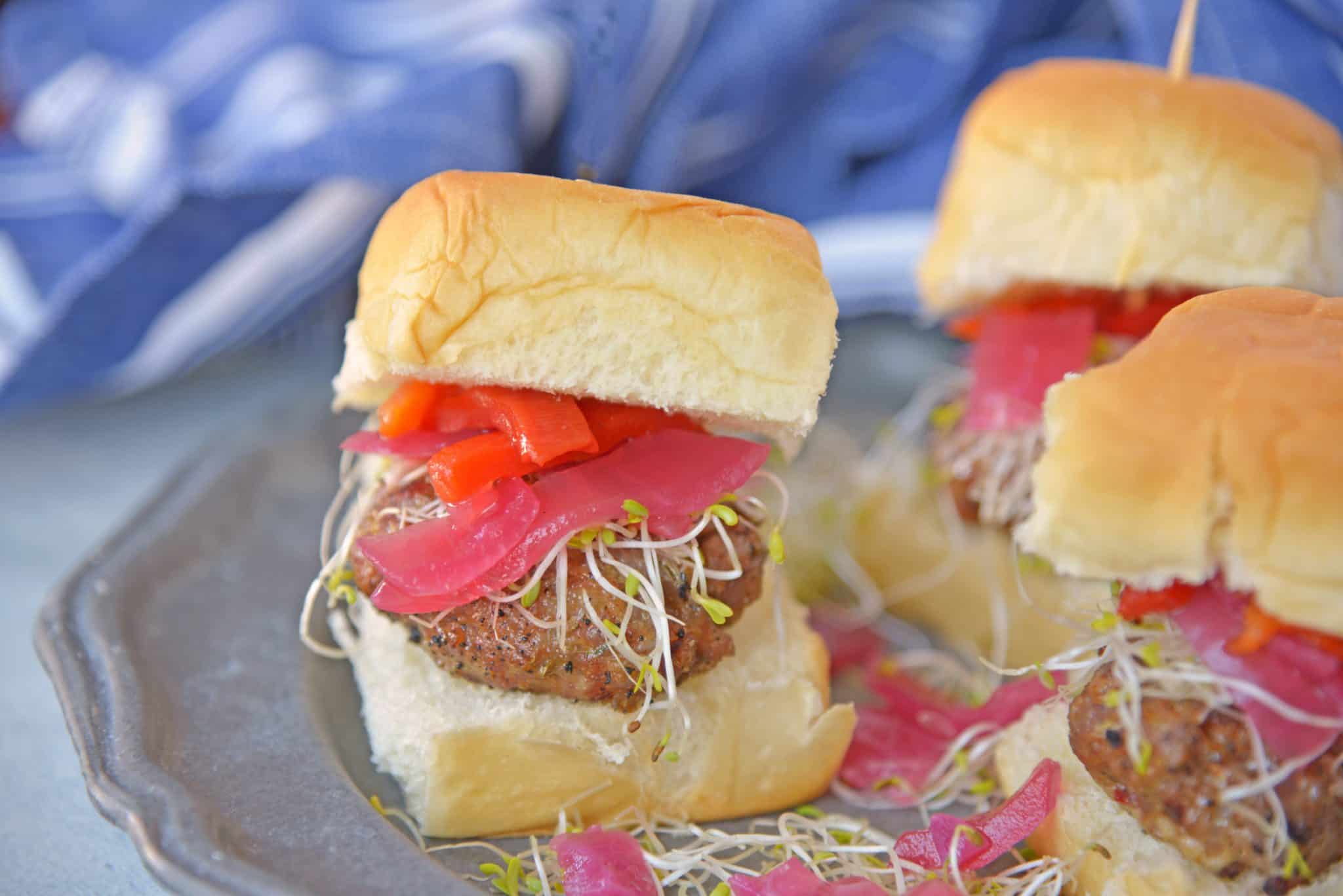 Italian sausage slider sandwich recipes on a silver plate