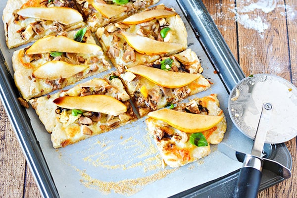 Turkey pear pizza cut into squares - leftover turkey recipes