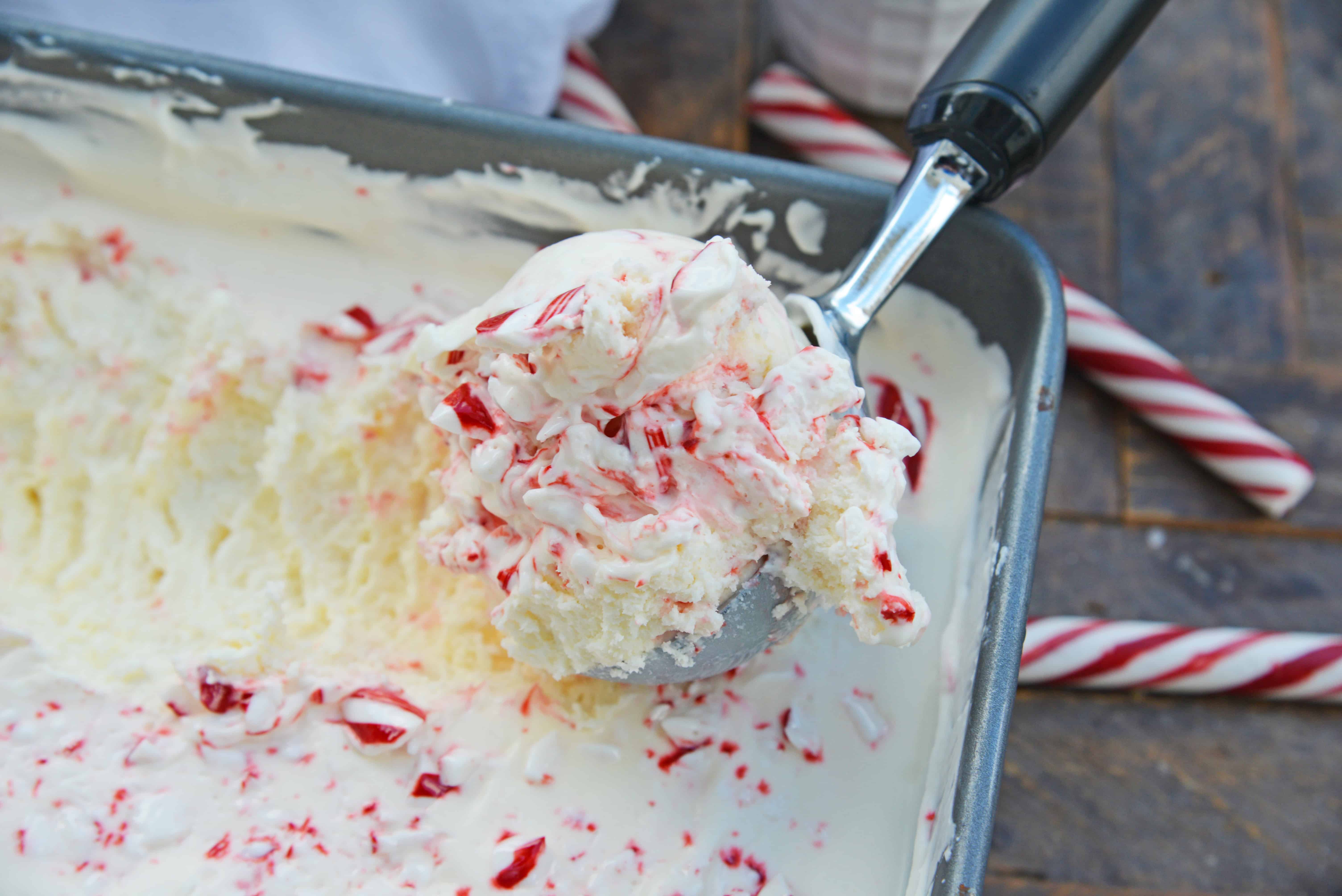No-Churn Peppermint Ice Cream is an easy homemade ice cream recipe made with just 5 ingredients. No ice cream maker required! Perfect for the holidays. #candycaneicecream #nochurnicecream #homemadeicecreamrecipes www.savoryexperiments.com