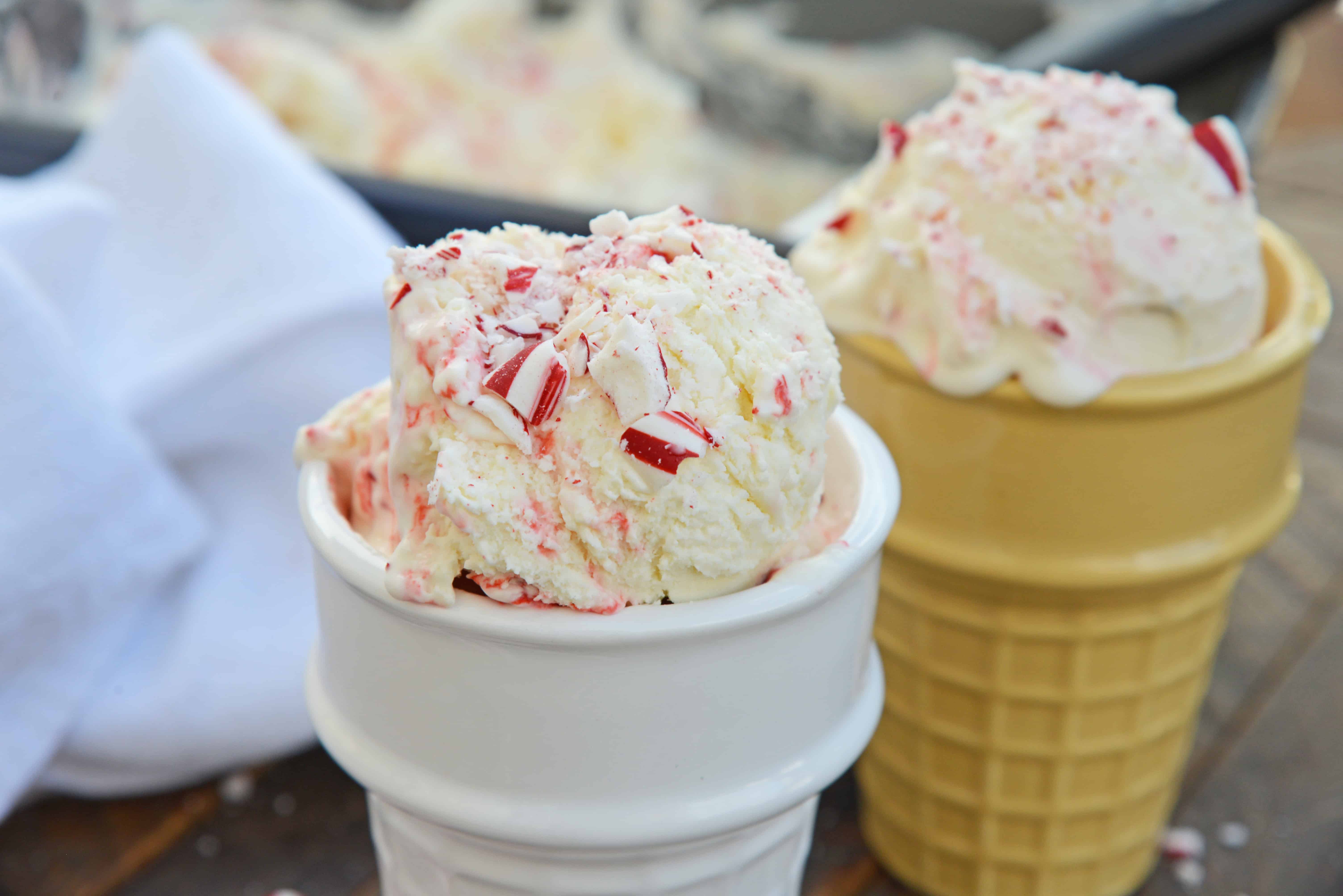 No-Churn Peppermint Ice Cream is an easy homemade ice cream recipe made with just 5 ingredients. No ice cream maker required! Perfect for the holidays. #candycaneicecream #nochurnicecream #homemadeicecreamrecipes www.savoryexperiments.com