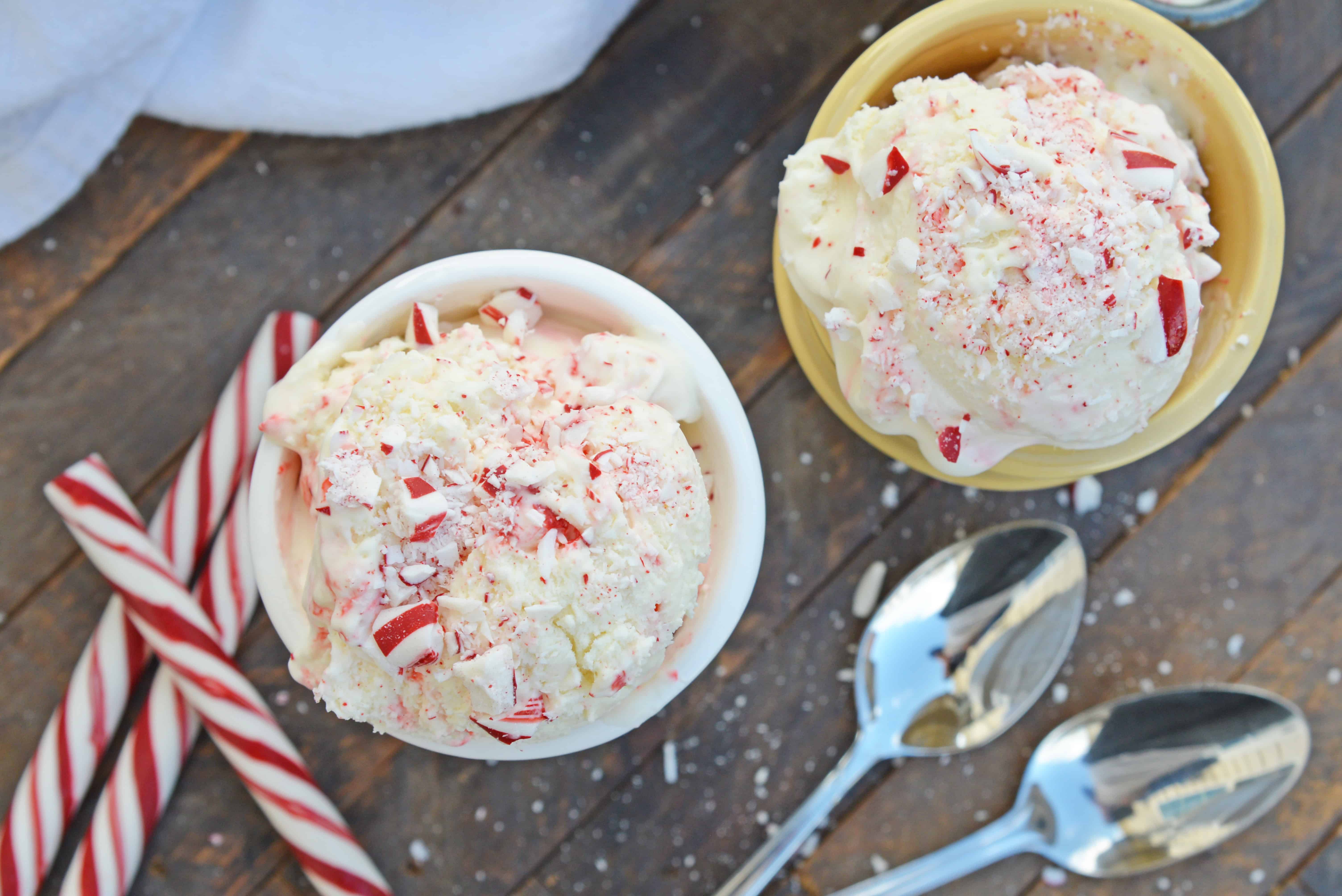 No-Churn Peppermint Ice Cream is an easy homemade ice cream recipe made with just 5 ingredients. No ice cream maker required! Perfect for the holidays. #candycaneicecream #nochurnicecream #homemadeicecreamrecipes www.savoryexperiments.com