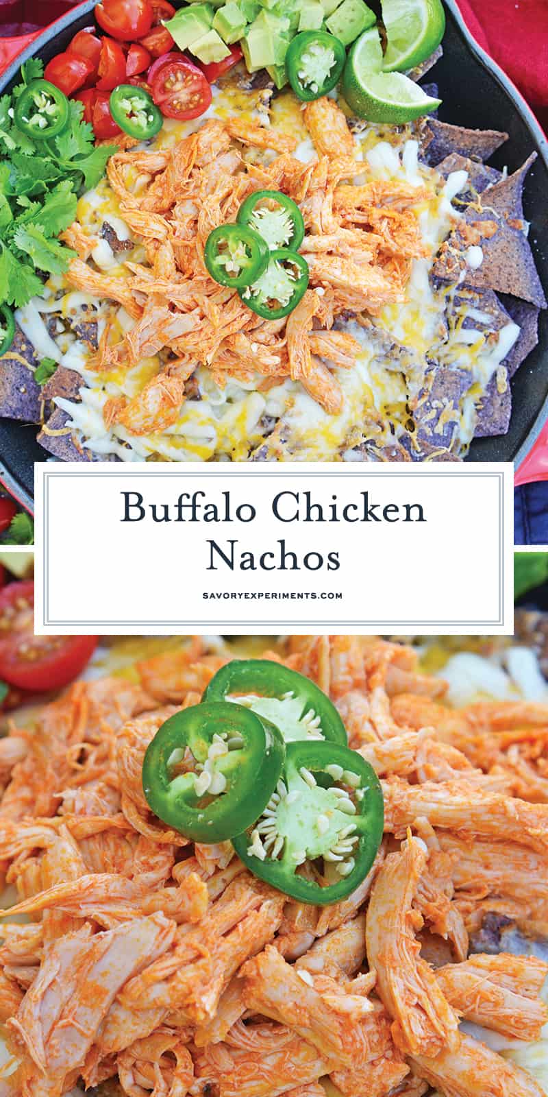 Buffalo Chicken Nachos is an easy nachos recipe that is perfect for a quick Tex Mex meal or game day appetizer. Ready in minutes with few ingredients! #buffalochickennachos #buffalochicken #nachosrecipe www.savoryexperiments.com