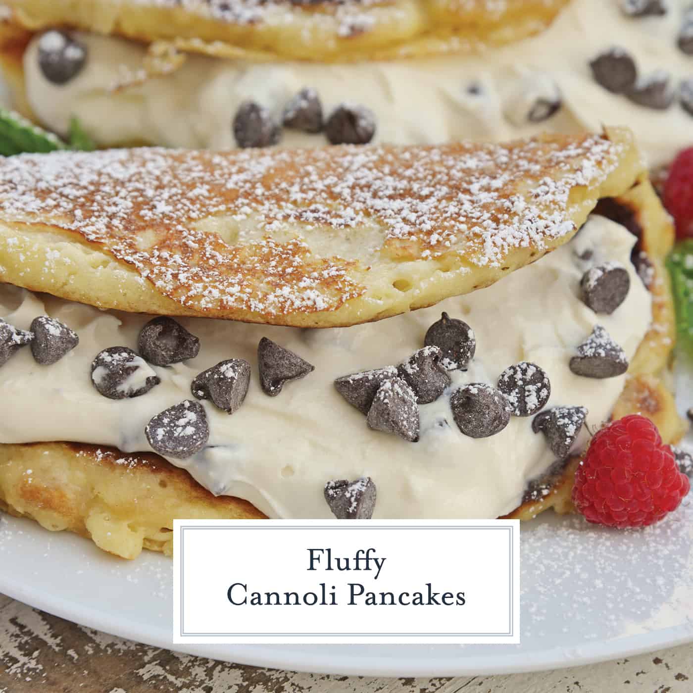 Cannoli Pancakes are stuffed with a rich, delicious cannoli filling. This breakfast cannoli is perfect for special breakfasts and brunches. #cannolipancakes #breakfastcannoli #cannolifilling www.savoryexperiments.com