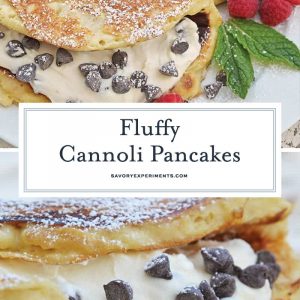 Cannoli Pancakes are stuffed with a rich, delicious cannoli filling. This breakfast cannoli is perfect for special breakfasts and brunches. #cannolipancakes #breakfastcannoli #cannolifilling www.savoryexperiments.com