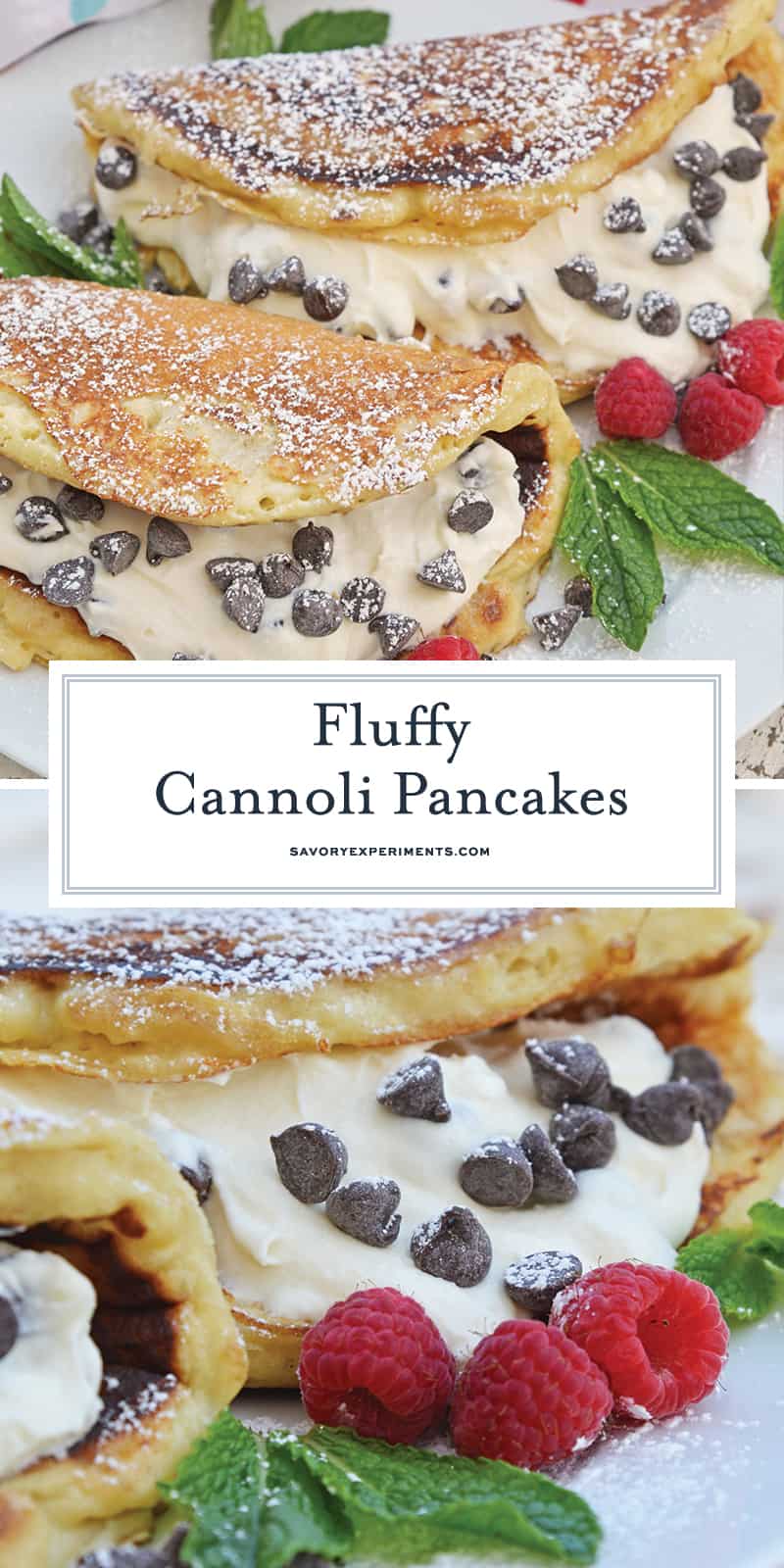 Cannoli Pancakes are stuffed with a rich, delicious cannoli filling. This breakfast cannoli is perfect for special breakfasts and brunches. #cannolipancakes #breakfastcannoli #cannolifilling www.savoryexperiments.com
