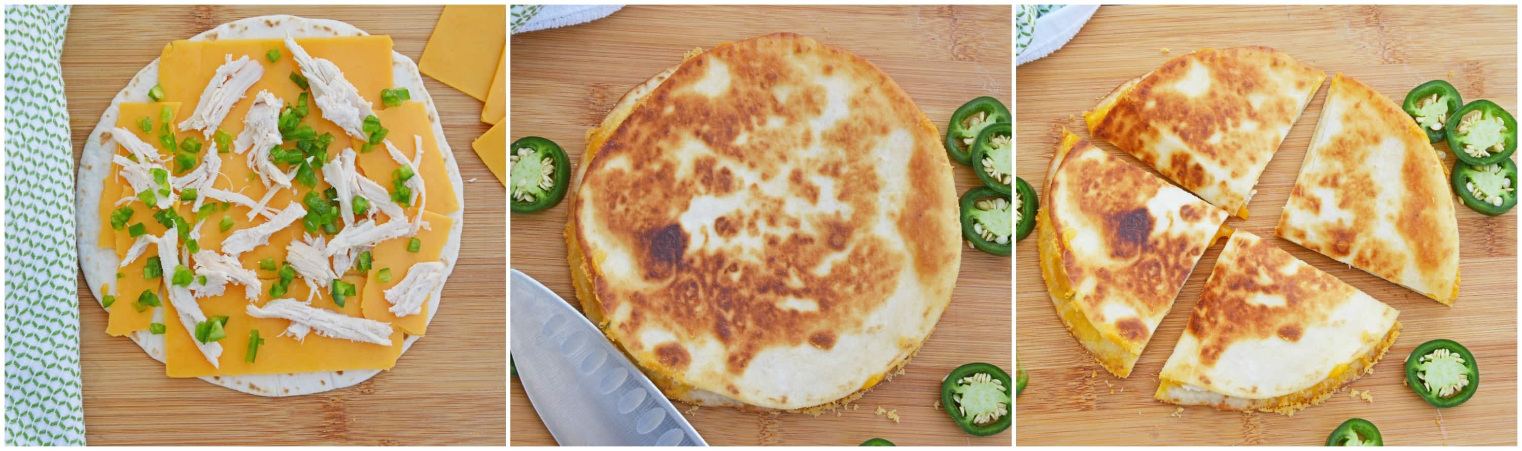 Cheesy, spicy and shareable Cheesy Jalapeño Quesadillas are the gooey appetizer everyone loves. Stacked with cheddar cheese, fresh jalapeños and shredded chicken, they are ready in just 10 minutes! #cheesequesadillas www.savoryexperiments.com