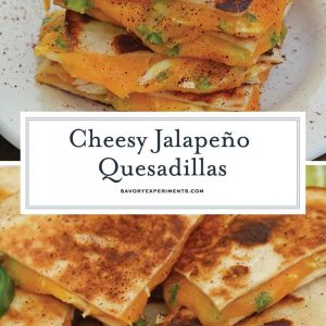 Cheesy, spicy and shareable Cheesy Jalapeño Quesadillas are the gooey appetizer everyone loves. Stacked with cheddar cheese, fresh jalapeños and shredded chicken, they are ready in just 10 minutes! #cheesequesadillas www.savoryexperiments.com