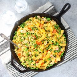 Turkey noodle casserole in a skillet - leftover turkey recipes