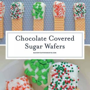 Chocolate Covered Sugar Wafers no bake cookies are quick, easy and festive Christmas cookies. Perfect for cookie trays and holiday parties. #nobakecookies #easychristmascookies #sugarwafercookies www.savoryexperiments.com