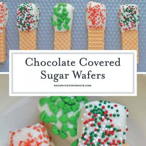 Chocolate Covered Sugar Wafers no bake cookies are quick, easy and festive Christmas cookies. Perfect for cookie trays and holiday parties. #nobakecookies #easychristmascookies #sugarwafercookies www.savoryexperiments.com