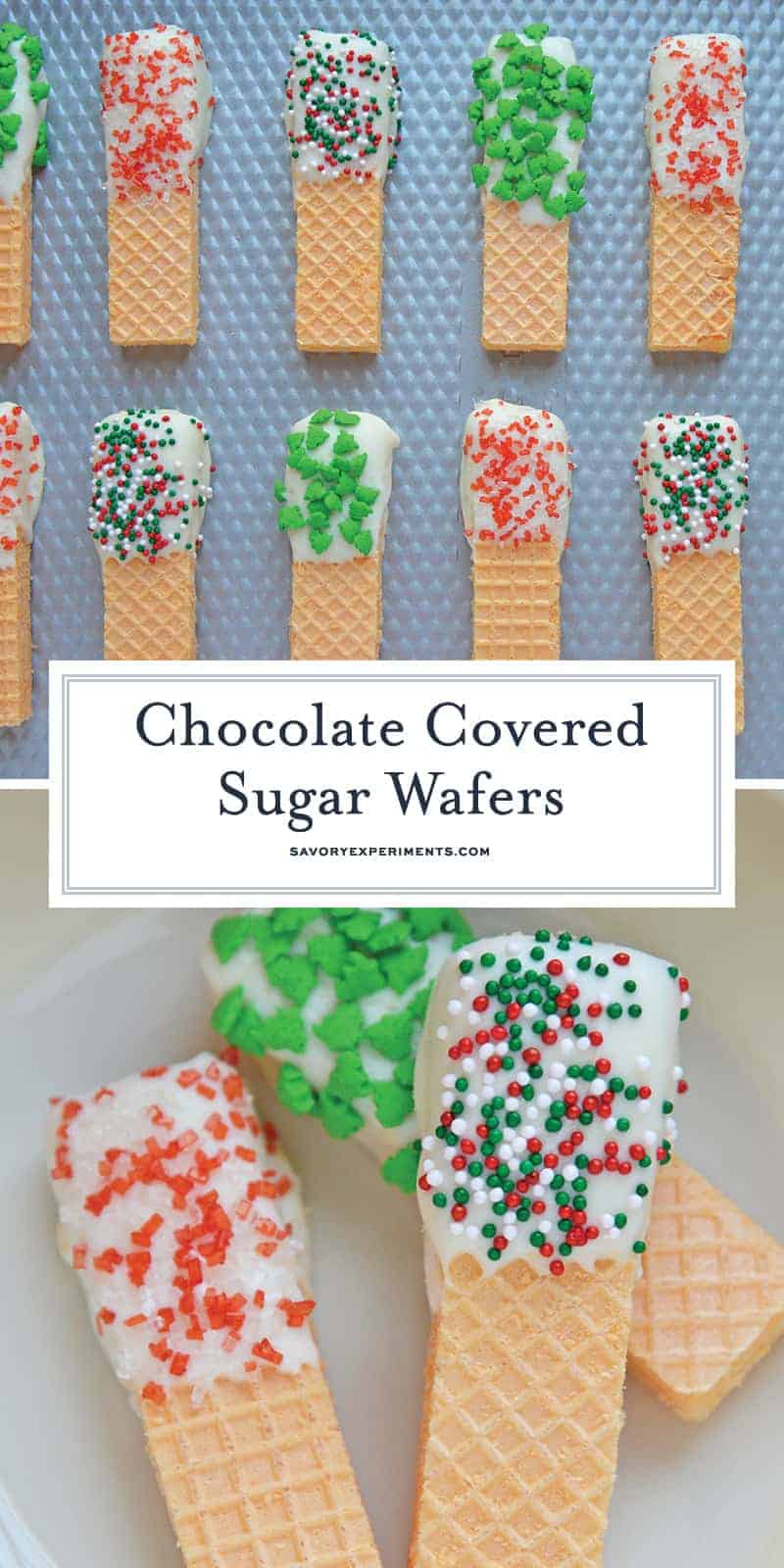 Chocolate Covered Sugar Wafers no bake cookies are quick, easy and festive Christmas cookies. Perfect for cookie trays and holiday parties. #nobakecookies #easychristmascookies #sugarwafercookies www.savoryexperiments.com