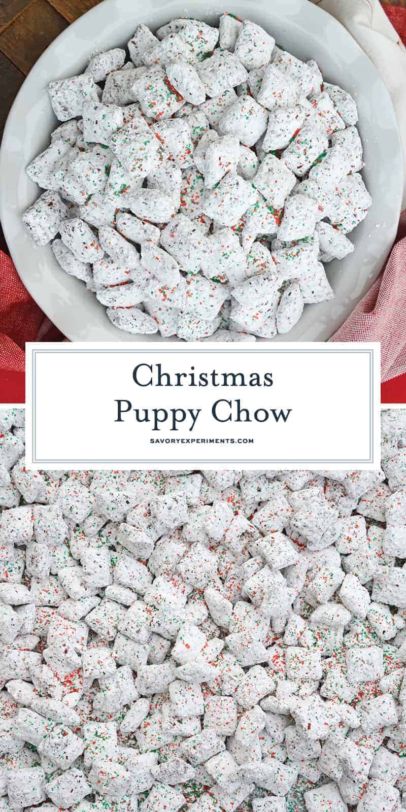 Christmas Puppy Chow transforms a traditional muddy buddy recipe into a festive Reindeer Chow mix! The perfect no-bake dessert for any party or event. #puppychow #reindeerchow #muddybuddy www.savoryexperiments.com 