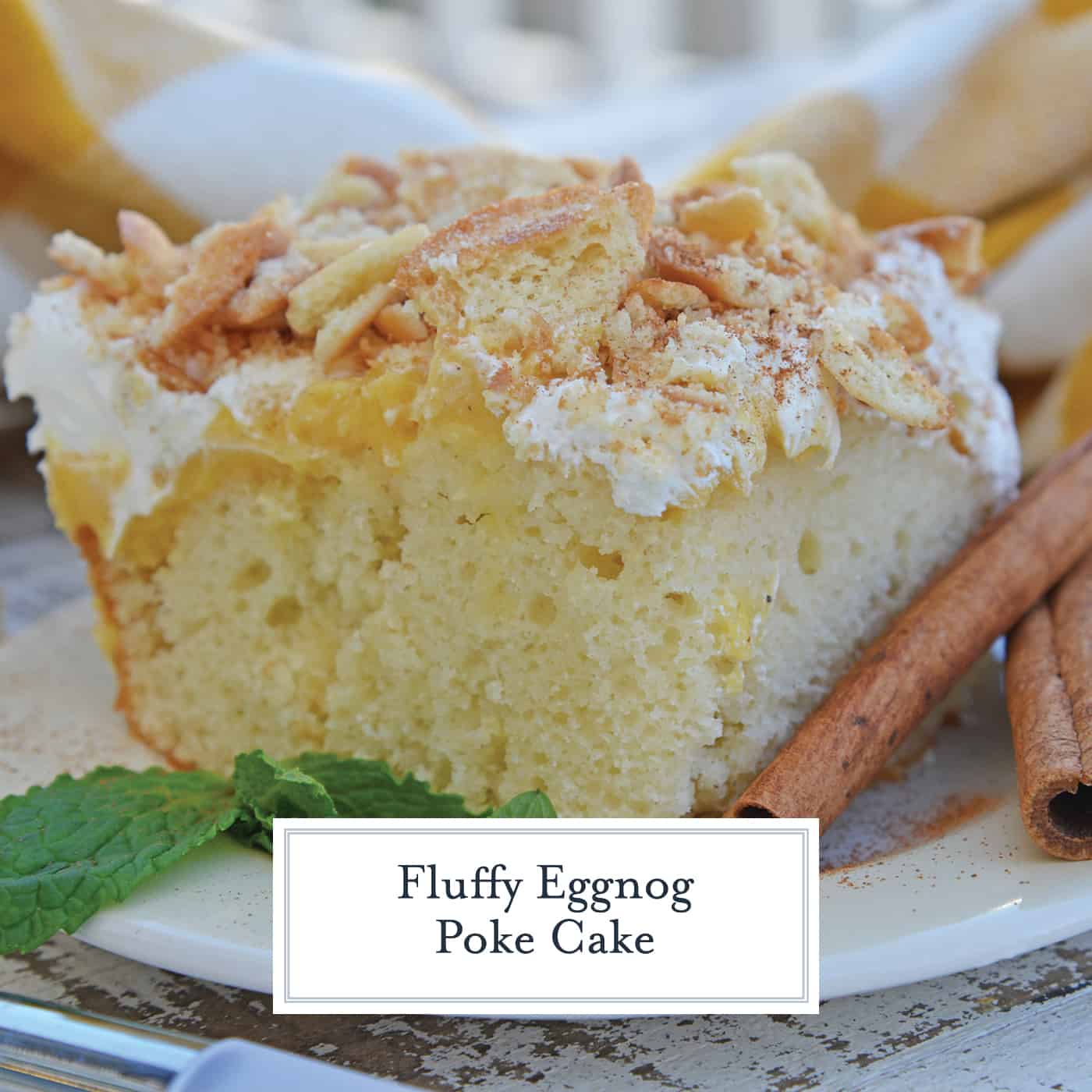 This Eggnog Poke Cake recipe is an easy pudding poke cake made with box cake mix and instant vanilla pudding, with delicious eggnog flavor. #pokecakerecipe #puddingpokecake #eggnogrecipes www.savoryexperiments.com