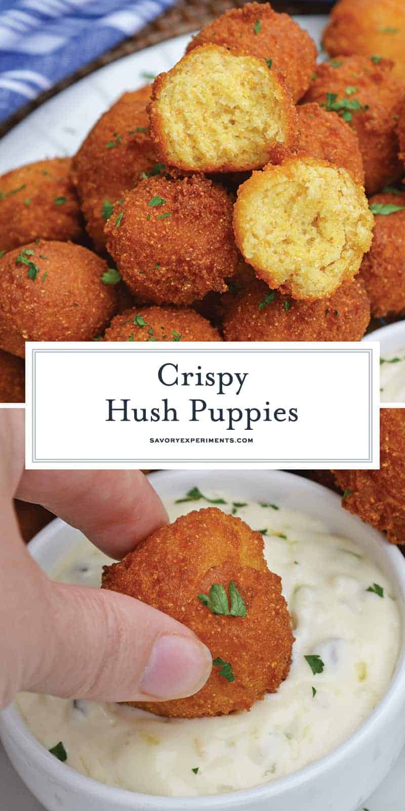 Hush Puppies are gently fried cornbread with a crunchy outside and soft, doughy inside. Serve with fish fry, fried shrimp or any BBQ! #hushpuppyrecipe www.savoryexperiments.com
