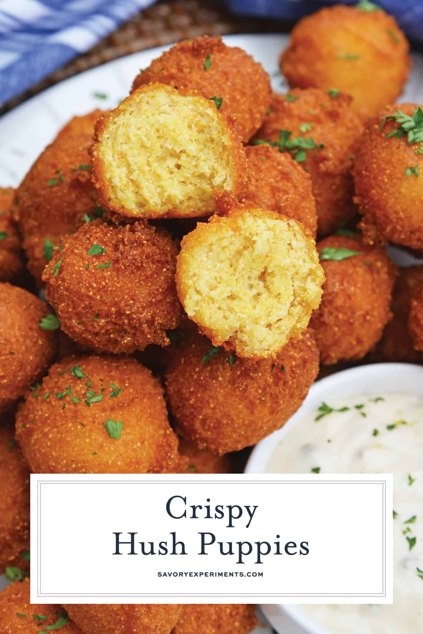 Hush Puppies are gently fried cornbread with a crunchy outside and soft, doughy inside. Serve with fish fry, fried shrimp or any BBQ! #hushpuppyrecipe www.savoryexperiments.com