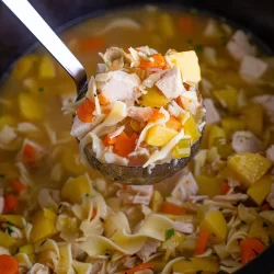 ladle holding turkey noodle soup