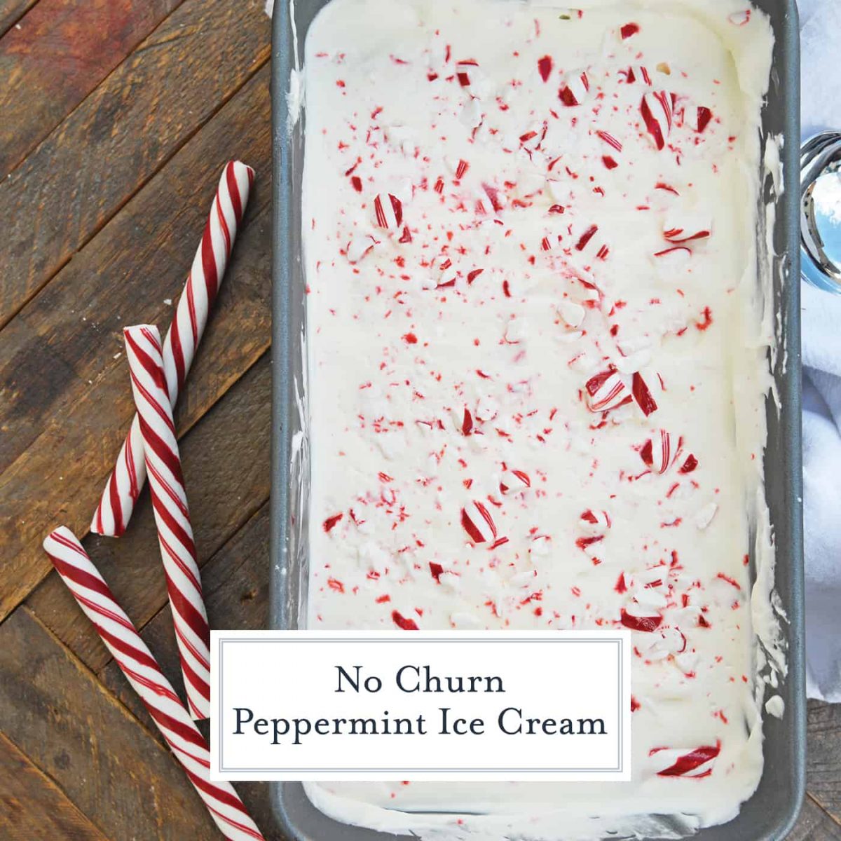 No-Churn Peppermint Ice Cream is an easy homemade ice cream recipe made with just 5 ingredients. No ice cream maker required! Perfect for the holidays. #candycaneicecream #nochurnicecream #homemadeicecreamrecipes www.savoryexperiments.com