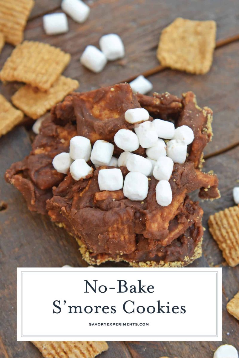 No Bake S'mores Cookies are an easy s'mores recipe made with Golden Grahams and marshmallows. Your favorite s'mores flavor without the bonfire! #smorescookies #nobakecookies #smoresrecipe www.savoryexperiments.com
