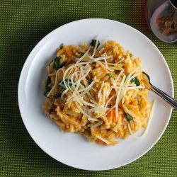 Turkey sweet potato orzo on a white plate - leftover turkey recipes