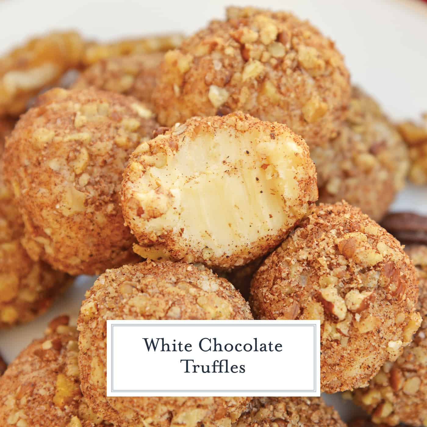 White Chocolate Truffles are an easy truffle recipe made with just a handful of ingredients. Creamy white chocolate rolled in toasted pecans, cinnamon and nutmeg. #whitechocolatetruffles #easytrufflerecipe www.savoryexperiments.com 