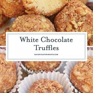 White Chocolate Truffles are an easy truffle recipe made with just a handful of ingredients. Creamy white chocolate rolled in toasted pecans, cinnamon and nutmeg. #whitechocolatetruffles #easytrufflerecipe www.savoryexperiments.com