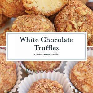 White Chocolate Truffles are an easy truffle recipe made with just a handful of ingredients. Creamy white chocolate rolled in toasted pecans, cinnamon and nutmeg. #whitechocolatetruffles #easytrufflerecipe www.savoryexperiments.com