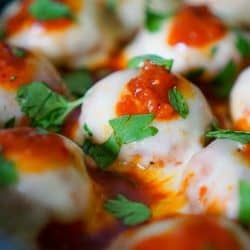 Close up of chicken parm meatballs - skillet meals