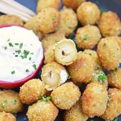 Fried Blue Cheese Stuffed Olives will become your favorite New Year's Eve recipe. But, this easy appetizer recipe is perfect for all occasions! #newyearseverecipes #easyappetizerrecipes #oliverecipes www.savoryexperiments.com