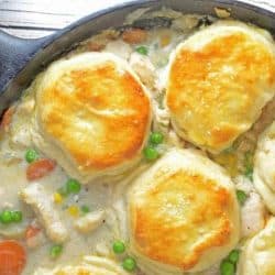 Chicken pot pie and biscuits in a skillet - skillet meals