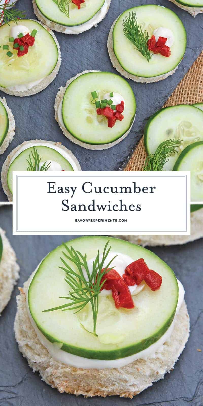 These Cucumber Sandwiches, or cucumber canapes, are easy tea sandwiches that are perfect for any get-together, including holiday parties. #cucumbersandwiches #cucumbercanapes #teasandwiches www.savoryexperiments.com