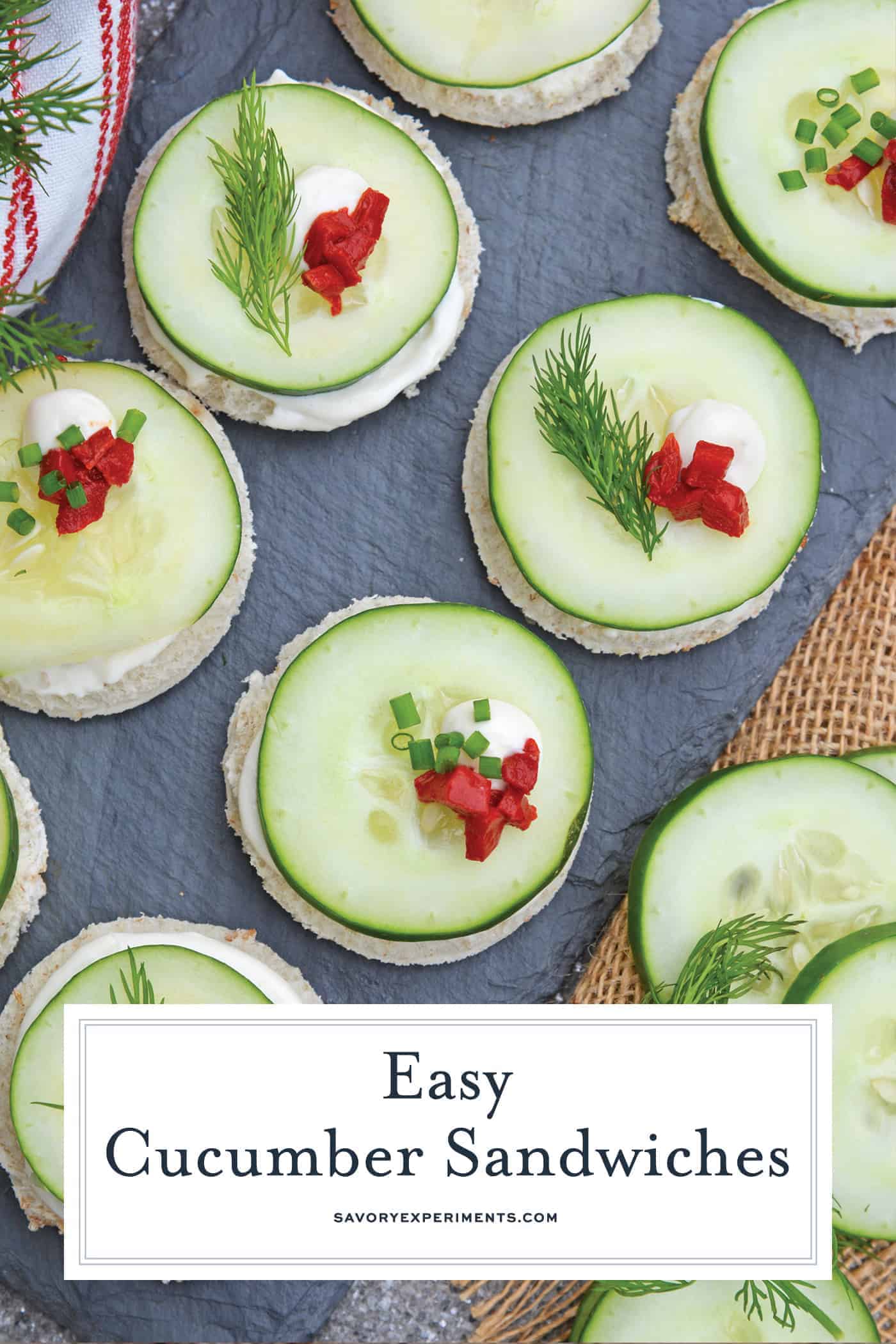 These Cucumber Sandwiches, or cucumber canapes, are easy tea sandwiches that are perfect for any get-together, including holiday parties. #cucumbersandwiches #cucumbercanapes #teasandwiches www.savoryexperiments.com