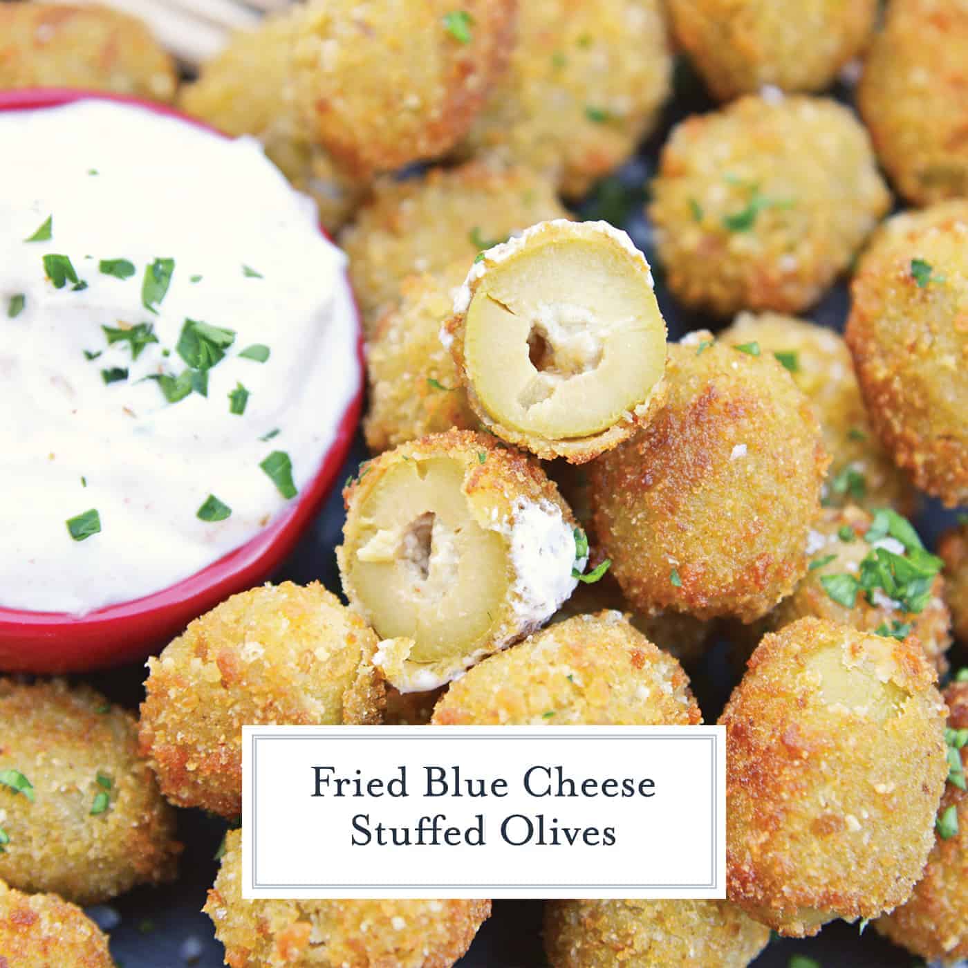 Fried Blue Cheese Stuffed Olives will become your favorite New Year's Eve recipe. But, this easy appetizer recipe is perfect for all occasions! #newyearseverecipes #easyappetizerrecipes #oliverecipes www.savoryexperiments.com