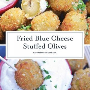 Fried Blue Cheese Stuffed Olives will become your favorite New Year's Eve recipe. But, this easy appetizer recipe is perfect for all occasions! #newyearseverecipes #easyappetizerrecipes #oliverecipes www.savoryexperiments.com