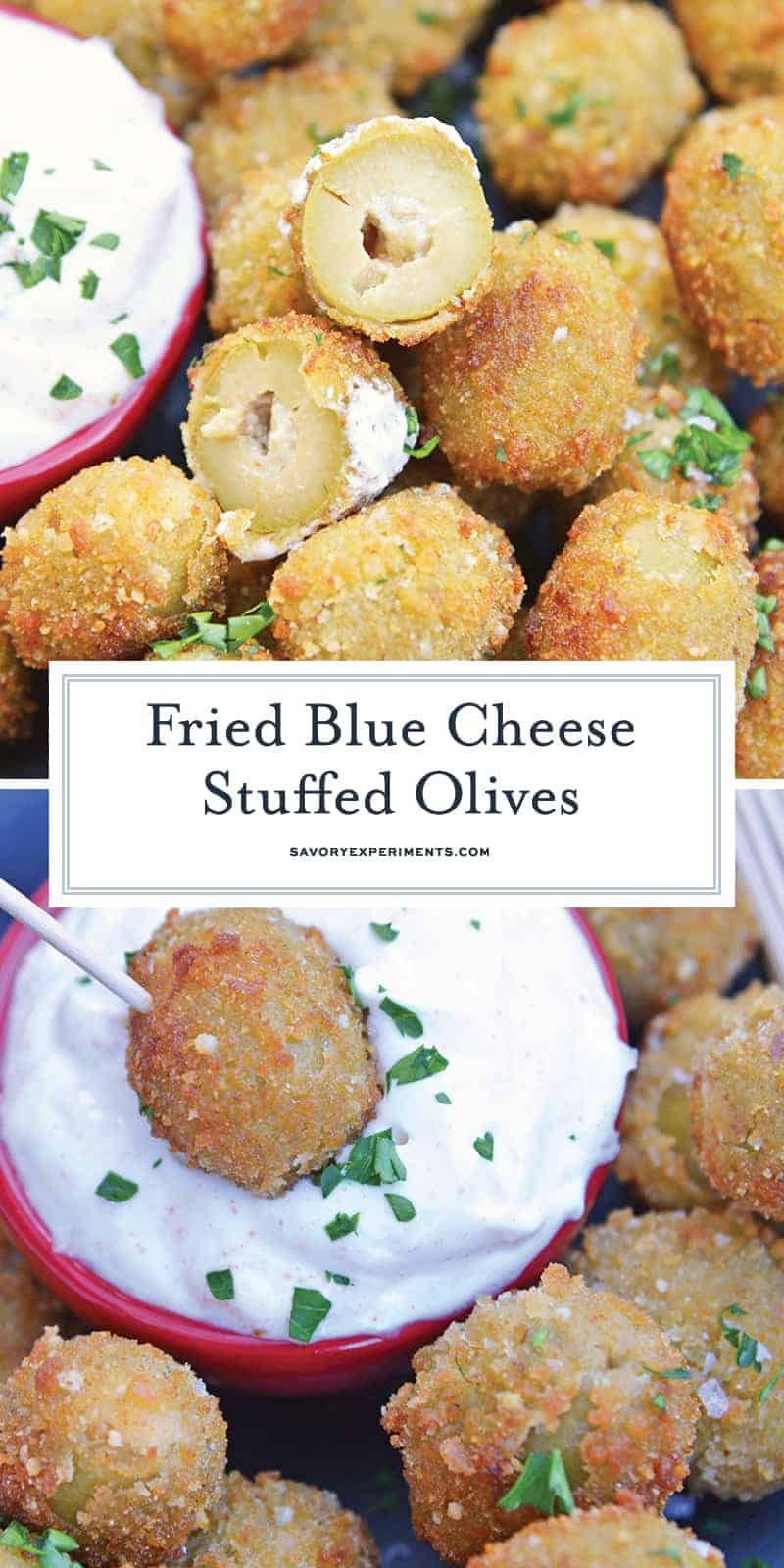 Fried Blue Cheese Stuffed Olives will become your favorite New Year's Eve recipe. But, this easy appetizer recipe is perfect for all occasions! #newyearseverecipes #easyappetizerrecipes #oliverecipes www.savoryexperiments.com